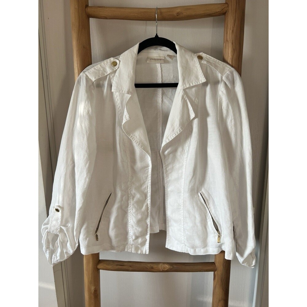 Chico's Women White Open Front %100 linen Jacket Pockets Long Sleeve Sz 1 medium